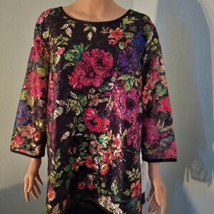 Caroline Rose Black Floral Lace Metallic Brocade 3/4 Sleeve Tunic Top Size L NWT